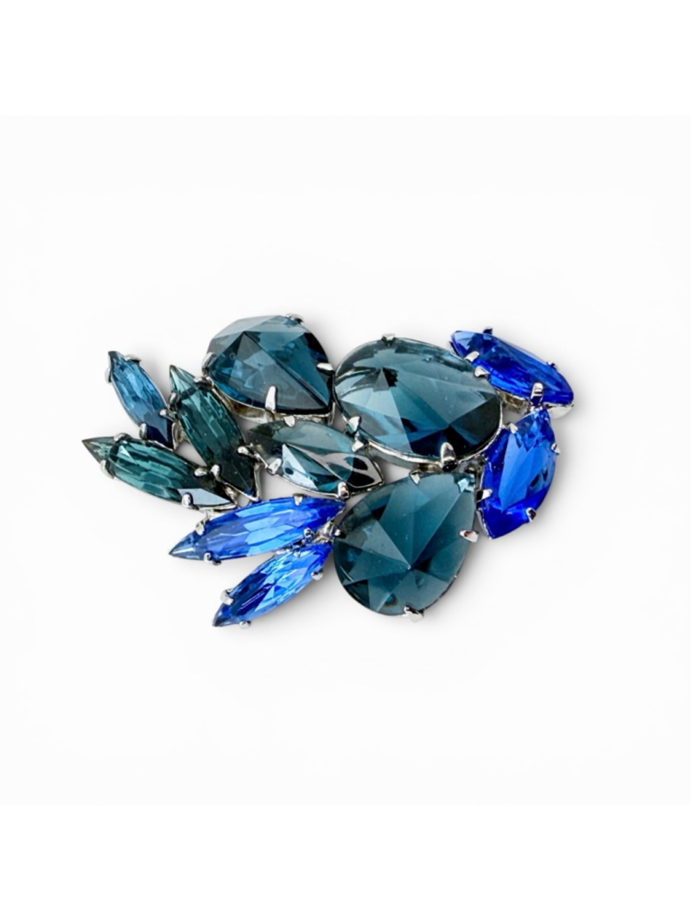 Vintage Austrian Blue Rhinestone Brooch 2 Inch Teal Sapphire Navette Pin
